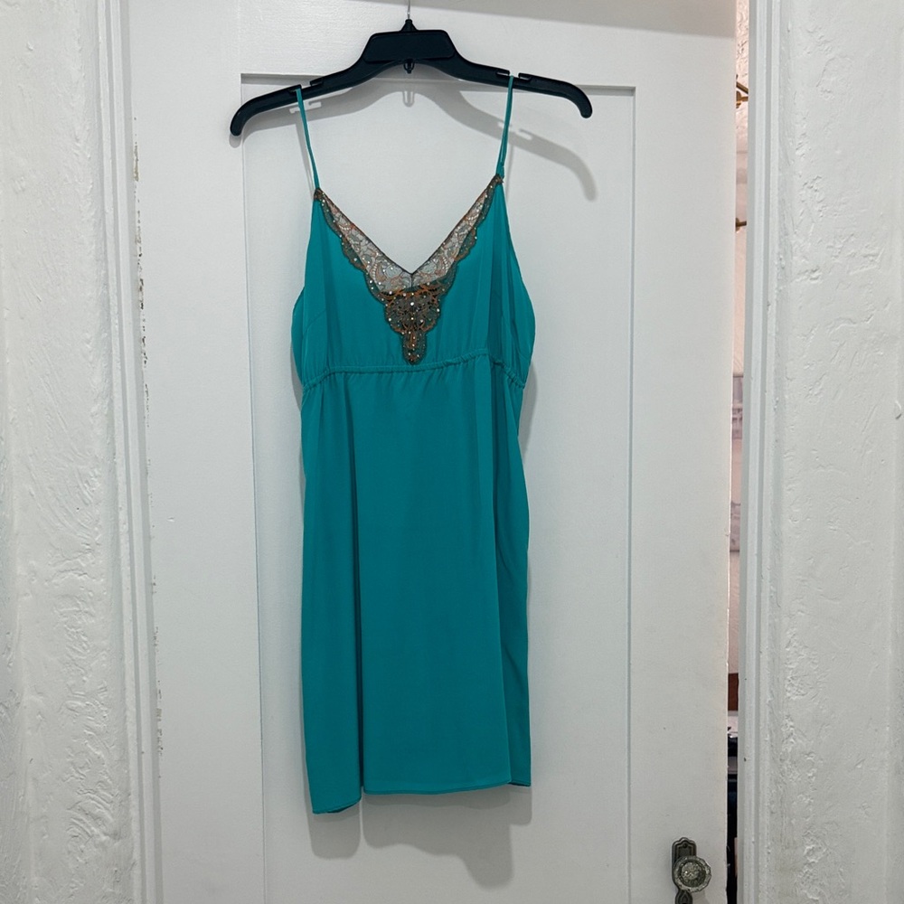 Meghan LA Teal Mini Dress with Gold Accents